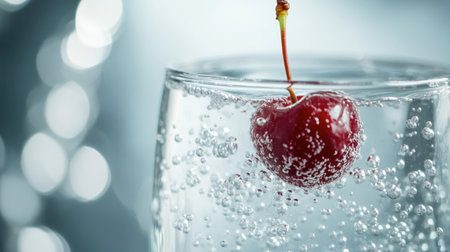 A close-up of a single cherry being dropped into a clear glass of sparkling water, with bubbles rising around it, creating a refreshing, fizzy effect.の素材