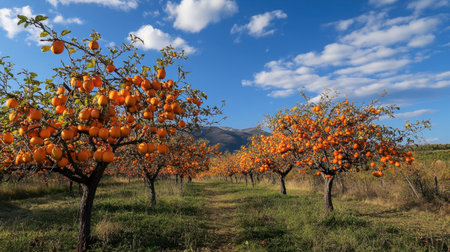 A beautiful autumn landscape with persimmon trees heavy with ripe fruit, their bright orange contrasting against the crisp blue sky.の素材