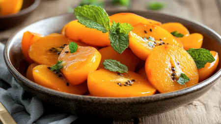 A bowl of freshly cut persimmon slices, garnished with mint leaves, ready to be served as a light and refreshing dessert.の素材