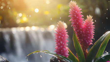 Bright pink ginger flowers blooming by a waterfall, with droplets of water catching the sunlight.の素材