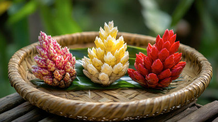 Colorful ginger flowers placed on a woven basket, ready to be used in a tropical floral arrangement.の素材