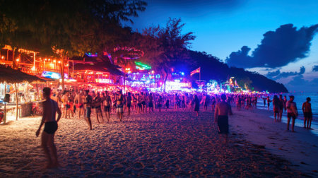 The iconic Full Moon Party on Koh Phangan, with vibrant lights, music, and dancing on the beach.の素材