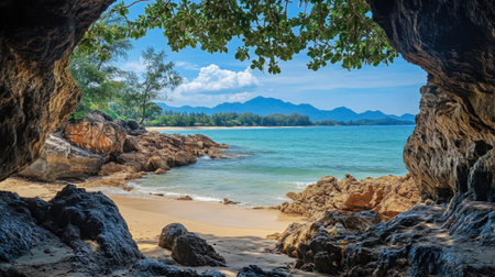 The towering limestone cliffs and crystal waters of Khao Lak, popular for its peaceful beaches and resorts.の素材