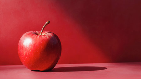 A bright red apple resting on a solid red backdrop, highlighting its glossy surface.の素材