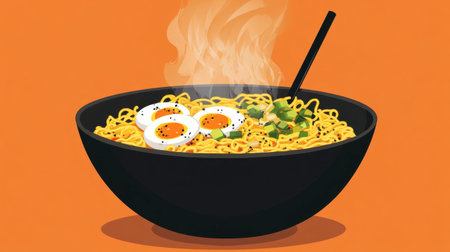 A bowl of freshly boiled instant noodles, steam wafting up, ready to be garnished with eggs, vegetables, and spices.の素材