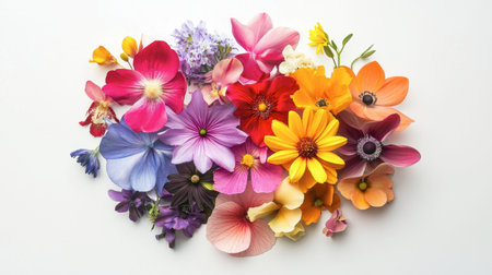 A bouquet of colorful flowers arranged against a pure white background, making the vibrant petals pop visually.の素材