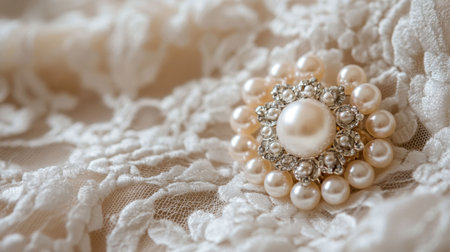 A close-up of a pearl-studded brooch pinned to a lace wedding gown, capturing the elegance of bridal accessories.の素材