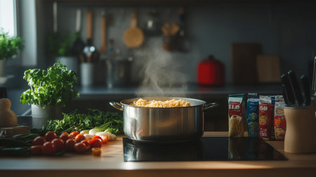 A cozy kitchen countertop with a boiling pot of instant noodles, surrounded by seasoning packets and fresh vegetables.の素材