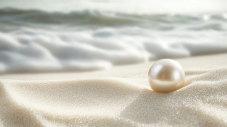 A close-up of a single pearl resting on a bed of white sand, with the ocean waves gently lapping in the background.の素材