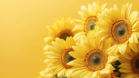 A close-up of golden sunflowers in full bloom, set against a solid yellow background.の素材