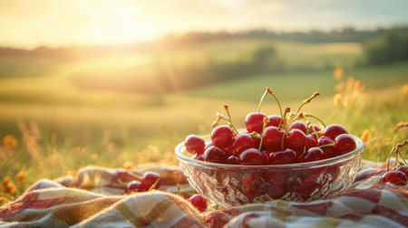 A glass bowl filled with ripe, juicy cherries placed on a picnic blanket, with a blurred scenic view of a sunny countryside in the background.の素材