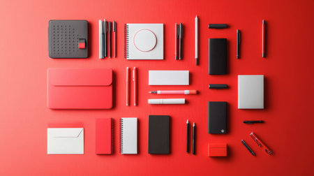 A minimalist flat lay of red stationery items arranged neatly on a red background.の素材