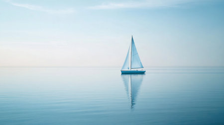 A light blue sailboat peacefully floating on calm waters under a clear sky, evoking a sense of freedom and tranquility.の素材