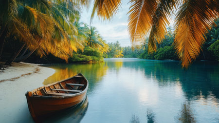 A peaceful lagoon surrounded by coconut palms, with a small wooden boat docked by the shore, reflecting the calm beauty of the Maldives.の素材