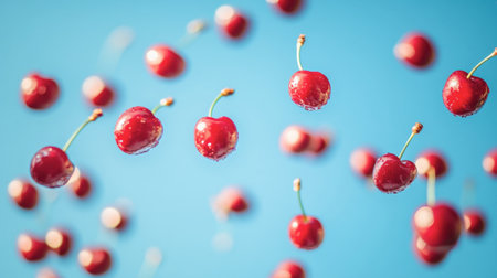 A playful shot of cherries being tossed into the air against a bright blue sky, with motion blur capturing the lively and fun essence of summer.の素材