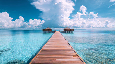 A jetty extending out into the ocean, leading to luxurious water villas, with crystal-clear waters below and a sky filled with cotton candy clouds.の素材
