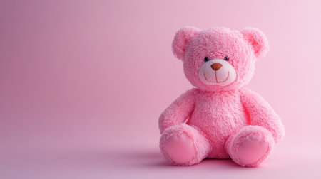 A pink teddy bear sitting on a light pink background, symbolizing childhood and affection.の素材