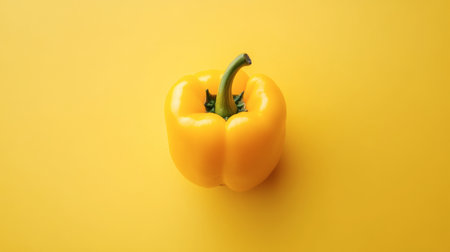 A single bright yellow bell pepper in the center of a smooth yellow backdrop, creating a monochrome look.の素材