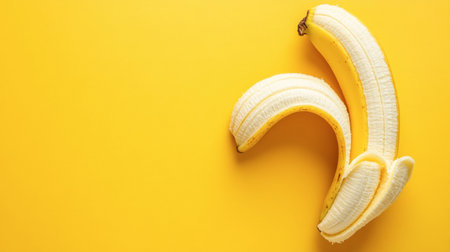 A peeled banana resting on a solid yellow background, emphasizing the texture and contrast.の素材
