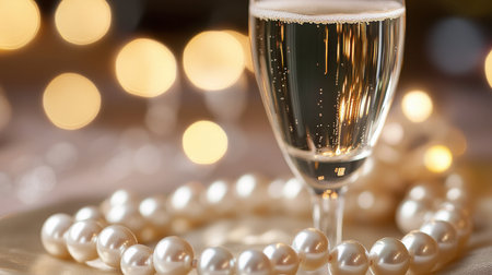 A pearl bracelet draped over a glass of champagne at a glamorous event, creating an image of luxury and celebration.の素材