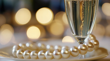 A pearl bracelet draped over a glass of champagne at a glamorous event, creating an image of luxury and celebration.の素材