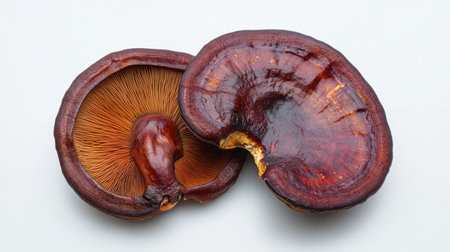 A polished Reishi mushroom cut in half to show the internal texture, centered on a white background.の素材