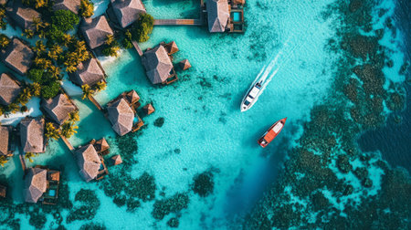 A stunning aerial view of overwater bungalows in the Maldives, surrounded by turquoise waters and coral reefs, with boats gently gliding through the clear ocean.の素材