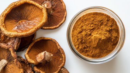 A high-quality Reishi mushroom powder in a glass jar next to dried Reishi mushrooms on a white background.の素材