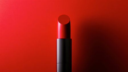 A minimalist close-up of a red lipstick tube on a bold red background.の素材