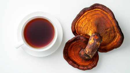 A Reishi mushroom tea infusion displayed alongside a fresh Reishi on a white background, highlighting its health benefits.の素材