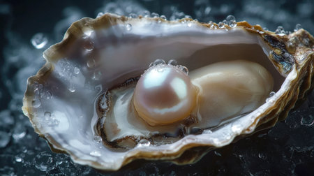 An open oyster revealing a single, perfectly round pearl inside, with water droplets glistening on the shell.の素材