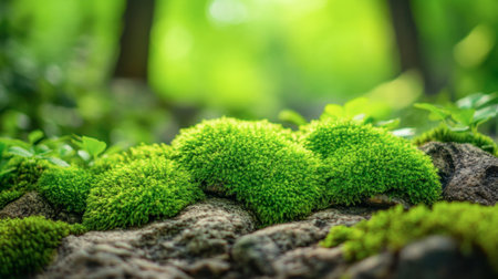 Delicate green moss covering rocks, with a blurred green forest in the background.の素材