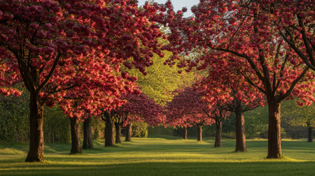 A scenic shot of cherry trees in full bloom, their branches heavy with fruit, creating a vibrant contrast between the deep red cherries and the green leaves.の素材