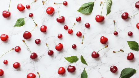 A vibrant flat lay of red cherries scattered on a white marble countertop, some with stems and leaves still attached, creating a beautiful contrast.の素材