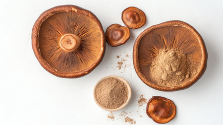 An artistic arrangement of Reishi mushrooms and powder on a pristine white background, symbolizing natural healing.の素材
