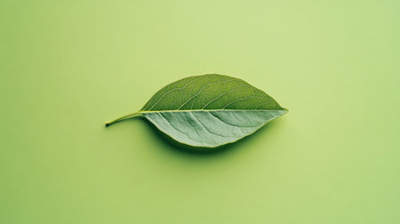 A simple, modern design with a single green leaf laying flat on a bright green background.の素材