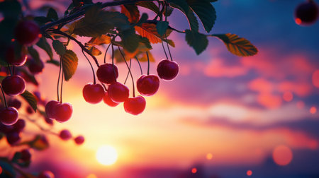 A whimsical scene of cherries hanging from a tree branch with the sunset sky in the background, highlighting the deep red color of the fruit against a glowing horizon.の素材