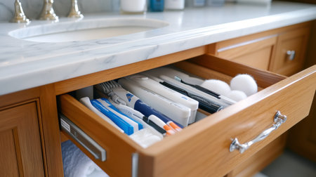 A bathroom drawer pulled open, revealing a neatly organized tray of bathroom supplies like razors, cotton balls, and toothpaste.の素材