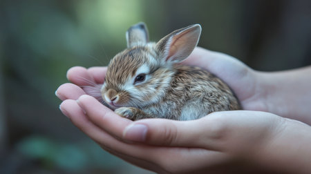 A baby rabbit resting in the palms of a person hands, looking small and delicate.の素材