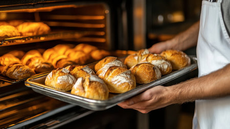 A baker pulling out a tray of freshly baked bread from the oven, with golden crusts steaming.の素材
