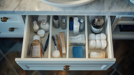 A bathroom drawer pulled open, revealing a neatly organized tray of bathroom supplies like razors, cotton balls, and toothpaste.の素材