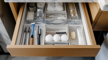 A bathroom drawer pulled open, revealing a neatly organized tray of bathroom supplies like razors, cotton balls, and toothpaste.の素材