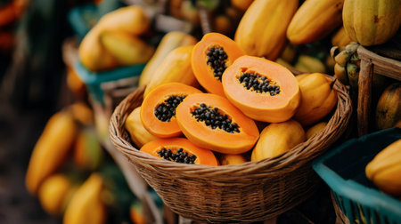 A basket filled with ripe Thai papayas, cut open to reveal their vibrant orange flesh and black seeds.の素材