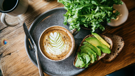 style breakfast with a latte, toast with avocado spread, and a side of fresh greens.の素材