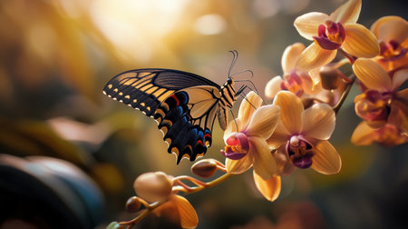 A butterfly resting on a blooming orchid, highlighting the interaction between nature's creatures.の素材
