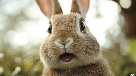 A close-up of a rabbit's face, with its whiskers and nose twitching in curiosity.の素材