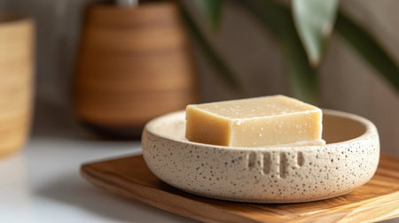 A close-up of a stylish soap dish holding a handcrafted soap bar, with matching bathroom accessories in the background.の素材