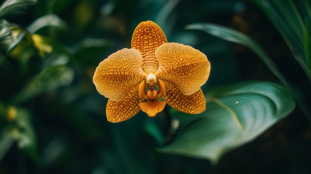 A close-up of a yellow orchid with intricate markings, surrounded by lush green leaves.の素材