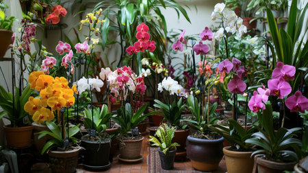 A collection of orchids in various pots, showcasing different growth stages and colors in a home setting.の素材