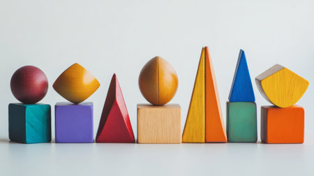 A colorful collection of wooden building blocks arranged in different shapes, helping children learn geometry.の素材